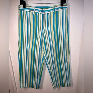 George Stretch,6 turquoise/green striped capri, oversize button zip closure